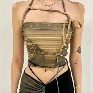 Lace Up Bodycon Strapless Crop Top Vintage 90s Print